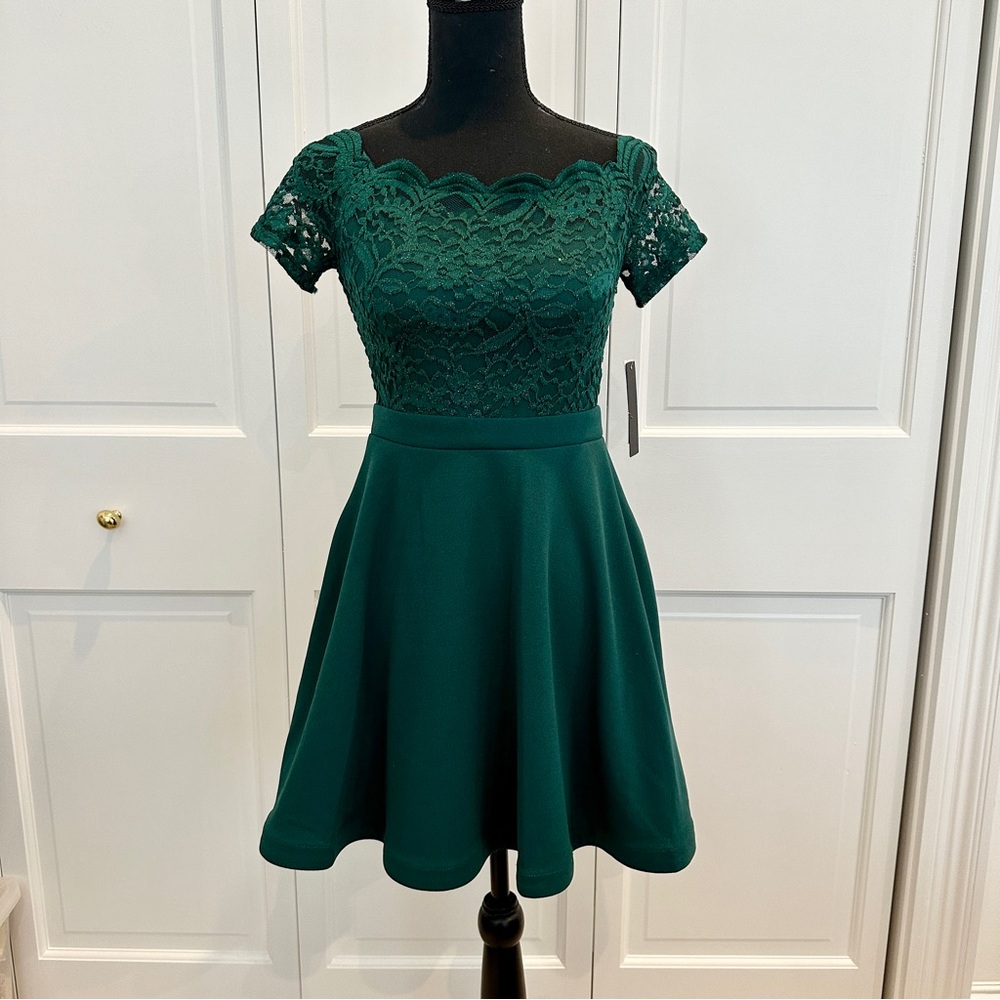 City Studio Green Fit and Flare Off the Shoulder Lace Dress